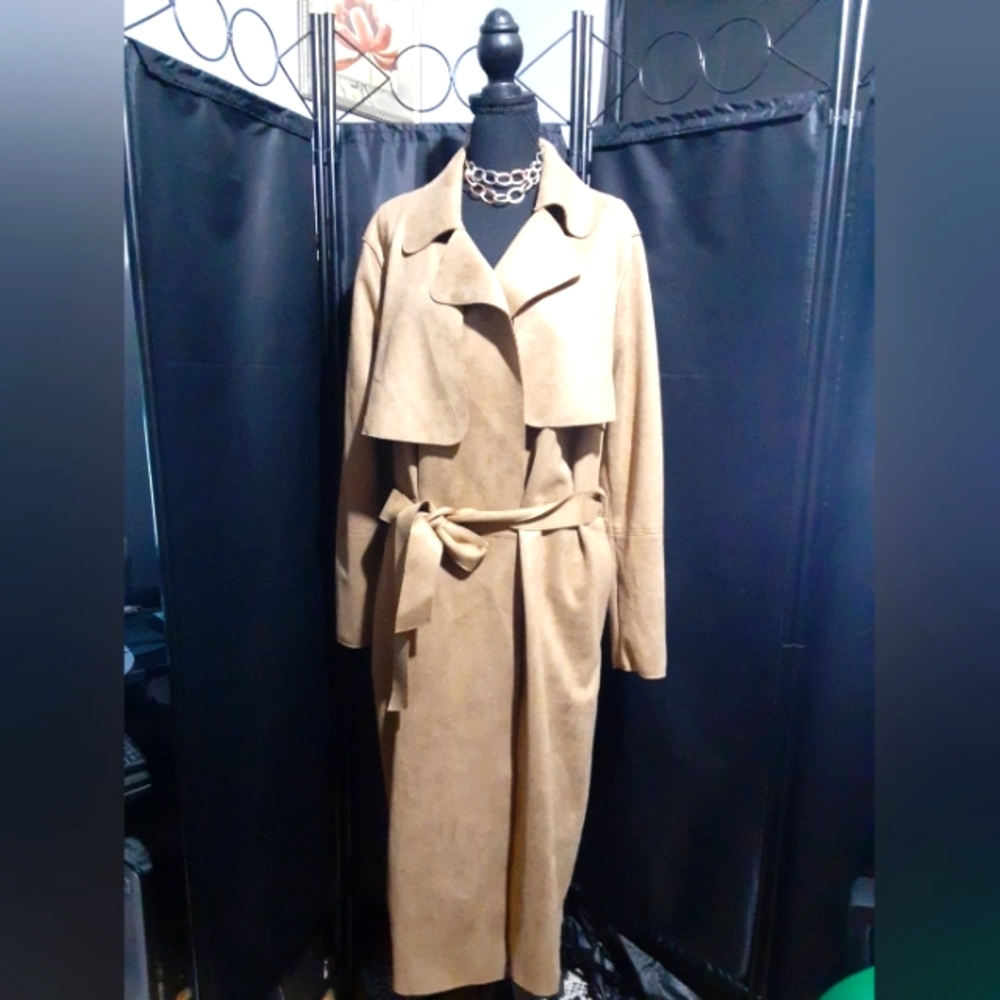 H&M NWT Faux Suede Tan Trench Coat with Belt Flap Front Design Women's XL Boho